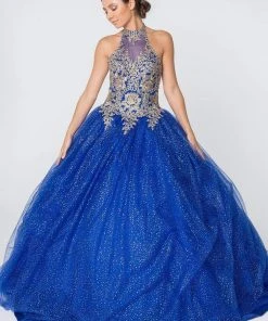 Elizabeth K - GL2805 Gilt Embroidered Halter Glitter Ballgown