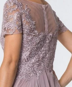 Elizabeth K - GL2813 Short Sleeve Embroidered Bodice Chiffon Dress