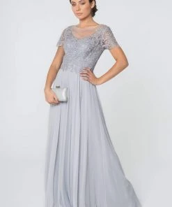 Elizabeth K - GL2813 Short Sleeve Embroidered Bodice Chiffon Dress