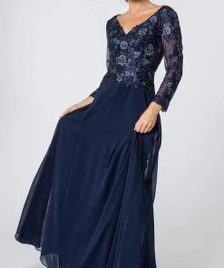 Elizabeth K - GL2825 Embellished V-neck Chiffon A-line Dress