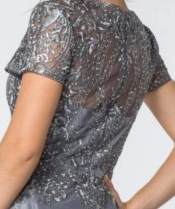 Elizabeth K - GL2829 Long V-Neck Embellished Lace A-Line Dress