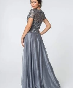 Elizabeth K - GL2829 Long V-Neck Embellished Lace A-Line Dress