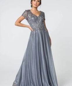 Elizabeth K - GL2829 Long V-Neck Embellished Lace A-Line Dress