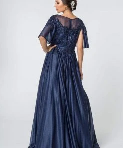 Elizabeth K - GL2830 Sheer Cape Sleeve Appliqued Chiffon Dress