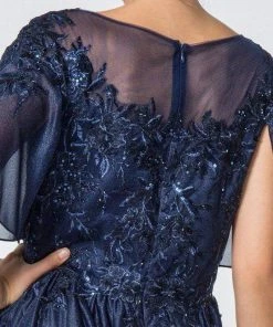 Elizabeth K - GL2830 Sheer Cape Sleeve Appliqued Chiffon Dress