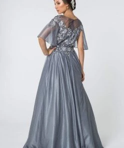 Elizabeth K - GL2830 Sheer Cape Sleeve Appliqued Chiffon Dress