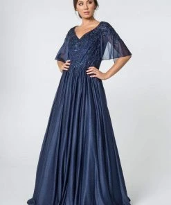 Elizabeth K - GL2830 Sheer Cape Sleeve Appliqued Chiffon Dress