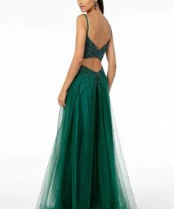Elizabeth K - GL2891 Beaded Bodice Illusion Deep V-Neck Long Dress