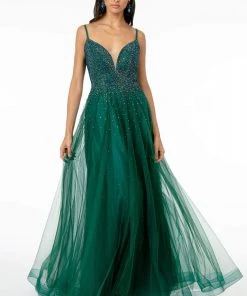 Elizabeth K - GL2891 Beaded Bodice Illusion Deep V-Neck Long Dress
