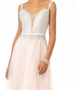 Elizabeth K - GL2892 Plunging Jewel-Studded A-Line Gown