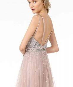 Elizabeth K - GL2892 Plunging Jewel-Studded A-Line Gown