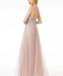 Elizabeth K - GL2892 Plunging Jewel-Studded A-Line Gown