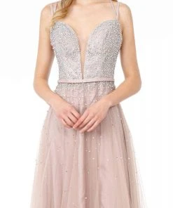 Elizabeth K - GL2892 Plunging Jewel-Studded A-Line Gown