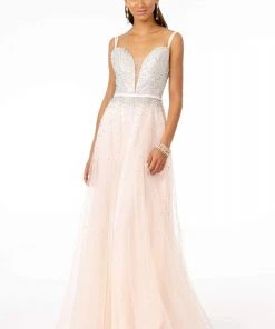 Elizabeth K - GL2892 Plunging Jewel-Studded A-Line Gown