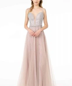 Elizabeth K - GL2892 Plunging Jewel-Studded A-Line Gown