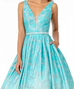 Elizabeth K - GL2897 Plunging Jeweled Waist Jacquard Gown