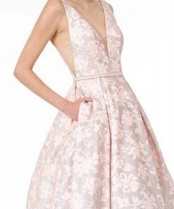 Elizabeth K - GL2897 Plunging Jeweled Waist Jacquard Gown