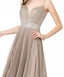 Elizabeth K - GL2905 Deep V Neck Pleated Metallic Glitter A-Line Gown