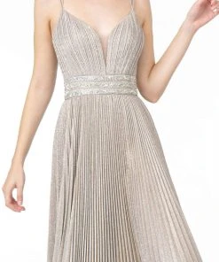 Elizabeth K - GL2905 Deep V Neck Pleated Metallic Glitter A-Line Gown