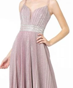 Elizabeth K - GL2905 Deep V Neck Pleated Metallic Glitter A-Line Gown
