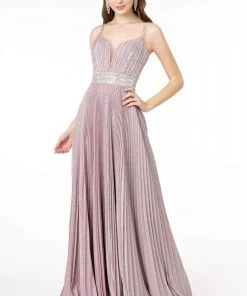 Elizabeth K - GL2905 Deep V Neck Pleated Metallic Glitter A-Line Gown