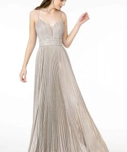 Elizabeth K - GL2905 Deep V Neck Pleated Metallic Glitter A-Line Gown