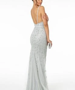 Elizabeth K - GL2917 Illusion Deep V-Neck Glitter Mesh Long Gown