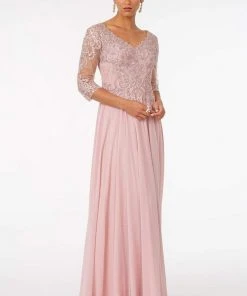 Elizabeth K - GL2925 Embroidered V-Neck A-Line Dress