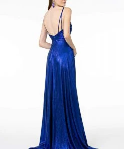 Elizabeth K - GL2927 Pleated V-Neck A-Line Gown With Slit And Train