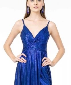 Elizabeth K - GL2927 Pleated V-Neck A-Line Gown With Slit And Train