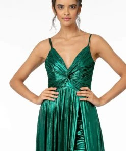 Elizabeth K - GL2927 Pleated V-Neck A-Line Gown With Slit And Train