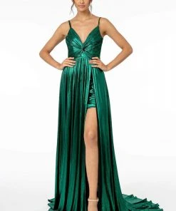 Elizabeth K - GL2927 Pleated V-Neck A-Line Gown With Slit And Train