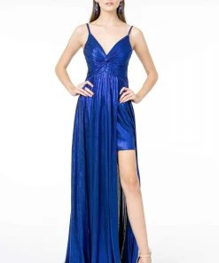 Elizabeth K - GL2927 Pleated V-Neck A-Line Gown With Slit And Train