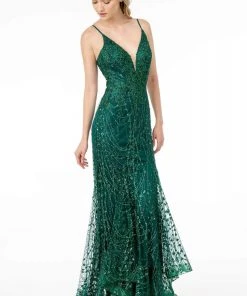 Elizabeth K - GL2938 Glitter Plunging V-Neck Mermaid Dress