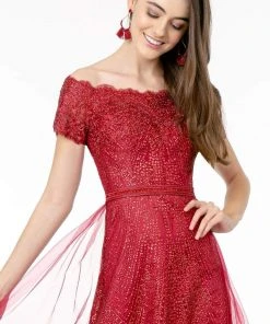 Elizabeth K - GL2942 Glitter Print Off-Shoulder A-Line Dress