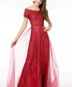 Elizabeth K - GL2942 Glitter Print Off-Shoulder A-Line Dress