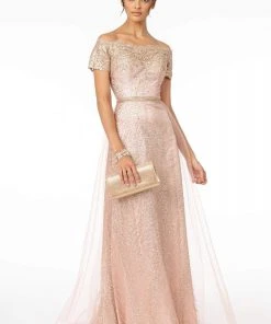 Elizabeth K - GL2942 Glitter Print Off-Shoulder A-Line Dress