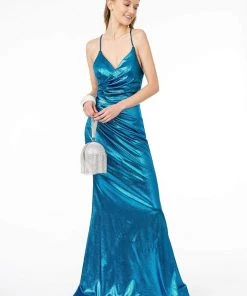 Elizabeth K - GL2943 Plunging V-Neck Ruched Trumpet Dress