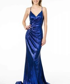 Elizabeth K - GL2943 Plunging V-Neck Ruched Trumpet Dress