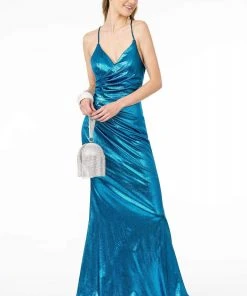 Elizabeth K - GL2943 Plunging V-Neck Ruched Trumpet Dress