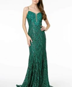 Elizabeth K - GL2950 Sequined Deep V-Neck Trumpet Dress