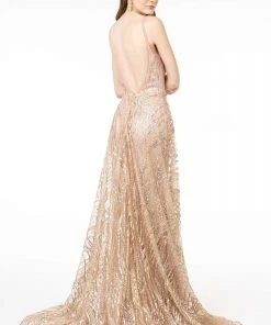 Elizabeth K - GL2955 Sequined Deep V-Neck A-Line Gown