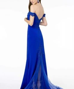 Elizabeth K - GL2958 Beaded Lace Appliqued Off Shoulder Jersey Gown