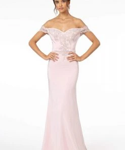 Elizabeth K - GL2958 Beaded Lace Appliqued Off Shoulder Jersey Gown