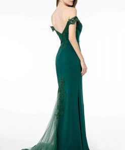 Elizabeth K - GL2958 Beaded Lace Appliqued Off Shoulder Jersey Gown