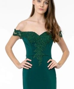 Elizabeth K - GL2958 Beaded Lace Appliqued Off Shoulder Jersey Gown