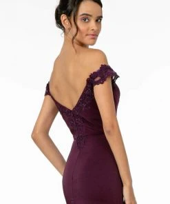 Elizabeth K - GL2958 Beaded Lace Appliqued Off Shoulder Jersey Gown