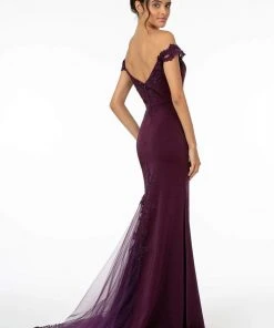 Elizabeth K - GL2958 Beaded Lace Appliqued Off Shoulder Jersey Gown