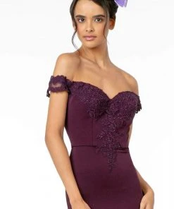 Elizabeth K - GL2958 Beaded Lace Appliqued Off Shoulder Jersey Gown