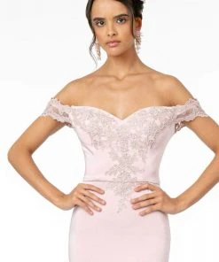 Elizabeth K - GL2958 Beaded Lace Appliqued Off Shoulder Jersey Gown